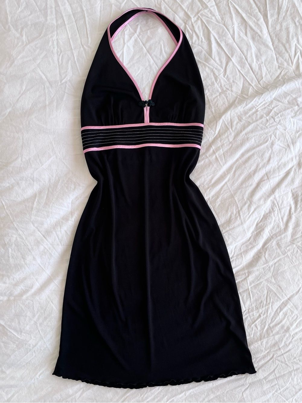 Y2K Black Halter Dress with Ribbon Pink Trim